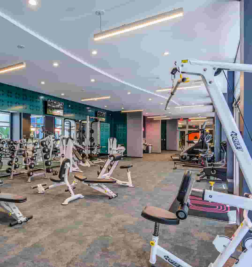 Wide image of strength training machines in the Identity Miami Fitness Center